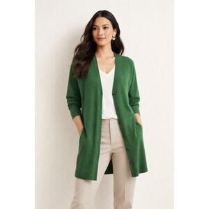Ann Taylor Green Longline Cardigan Sweater M Wool Blend Button Front Classic